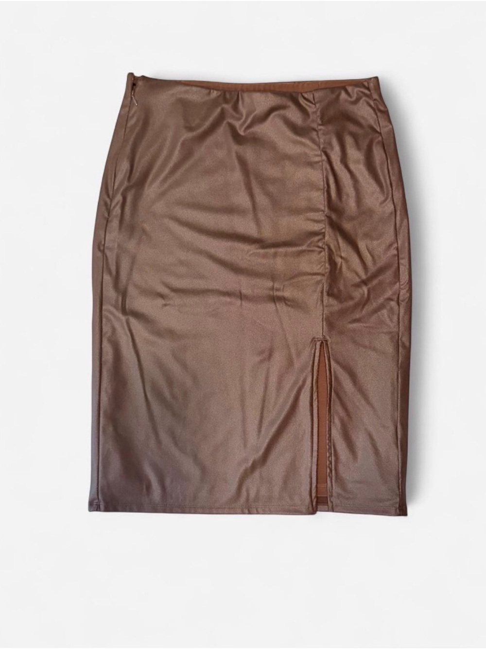 Populist Brown Faux Leather Midi Skirt with Front Slit & Tummy Control